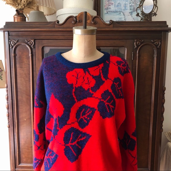 VINTAGE 80s Blue Red Leaves Knit Sweater - Picture 2 of 13